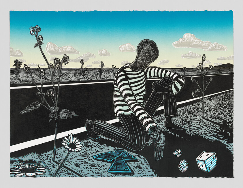 A person in striped clothes sits by a road, dropping dice onto the ground among tall flowers.