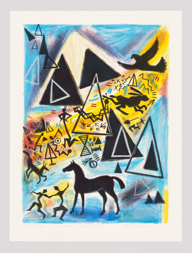 Colorful drawing with black triangles, a horse, people, birds, and abstract shapes on a blue and yellow background.