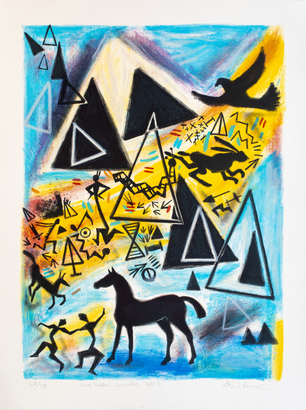 Colorful abstract art with triangles, a horse, a bird, and human figures. Dynamic shapes and vibrant colors create a sense of movement.