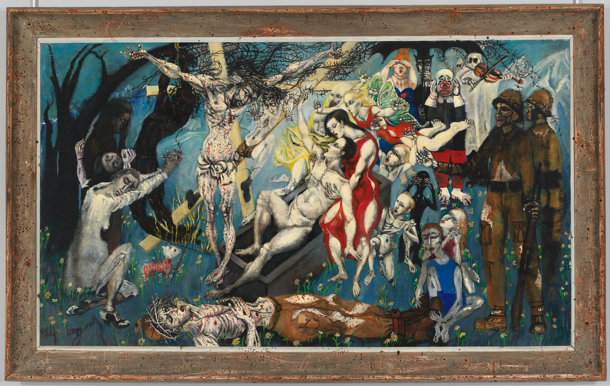 A chaotic scene with suffering people, a crucified figure, soldiers, and distressed faces, suggesting pain and conflict.