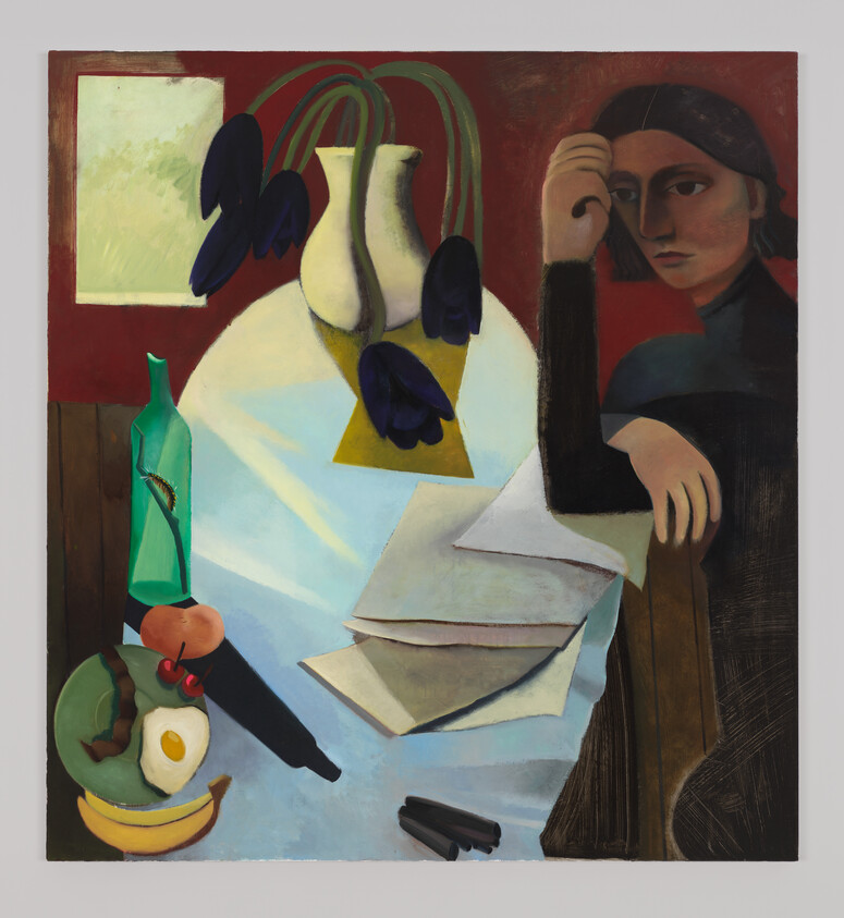 A pensive woman sits at a table with wilted dark flowers, folded letters, and scattered fruit.