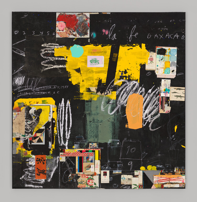 Abstract artwork with bold yellow and black colors, featuring various collaged elements and scribbled text.