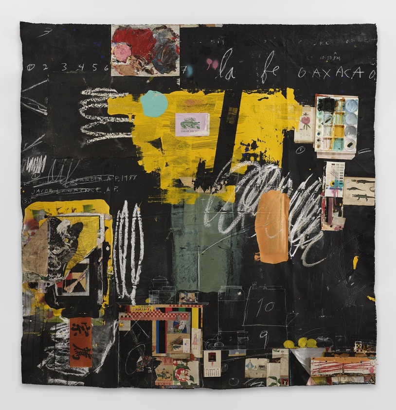 Abstract collage with bold yellow and black paint, mixed media elements, scribbles, and small images on a textured surface.