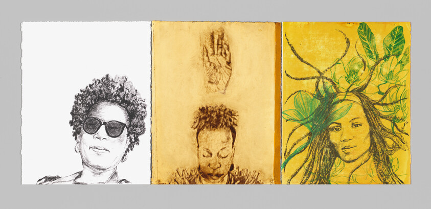 Three side-by-side portraits: a person with sunglasses, a person with eyes closed under a raised hand, and a woman with leaves in her hair.