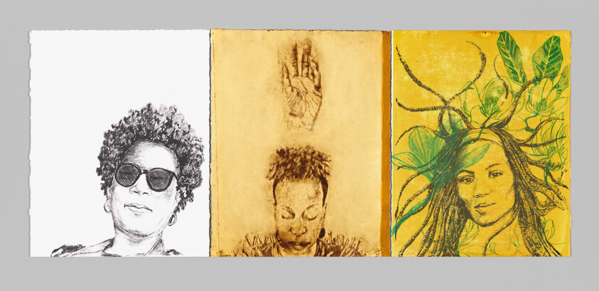 Three stylized portraits of women in black-and-white, sepia with a raised hand, and green-yellow with leaves.