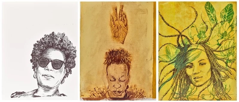 Three artistic portraits: a person with sunglasses, a meditative figure with a hand above, and a woman with plant-like hair.