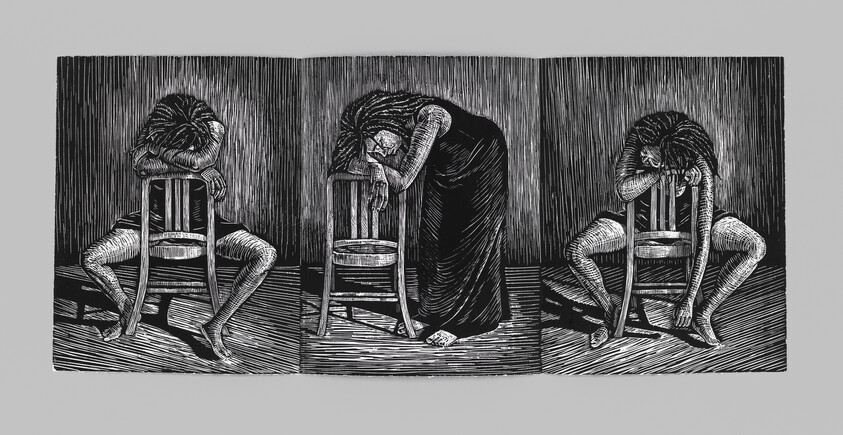 A person appears slumped and despondent over a chair in three variations across the panel.