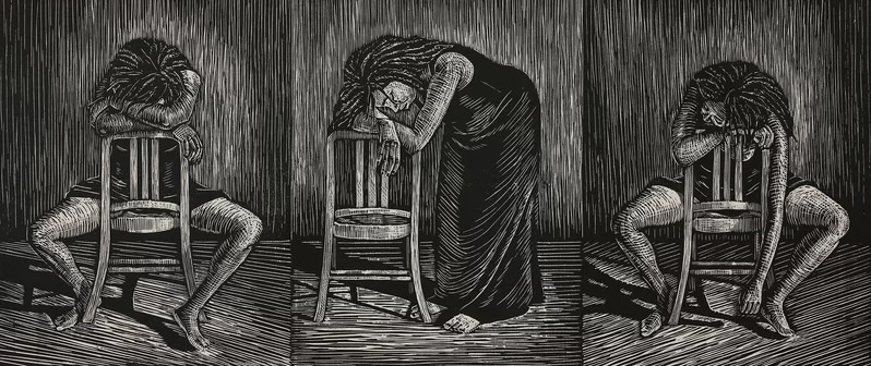 Three panels depict a person slumped over a chair, expressing exhaustion or despair, with intricate linework and a dark background.