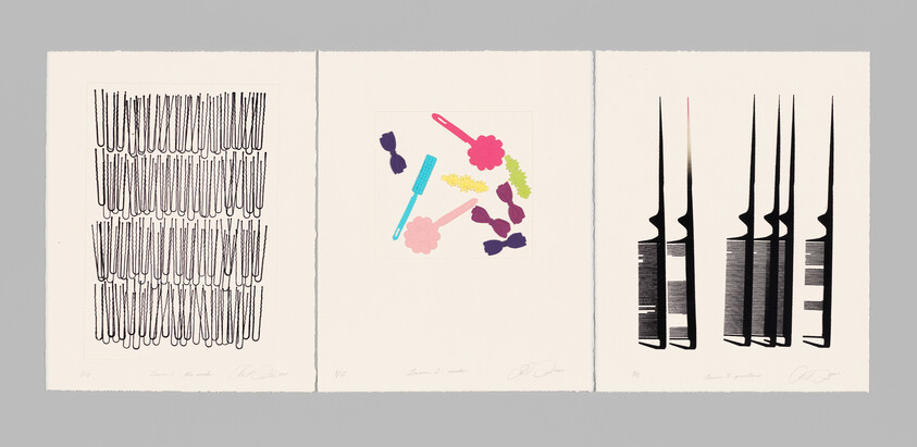 Three abstract prints showing repeated hairpin-like shapes, colorful scattered tools, and tall black vertical forms.