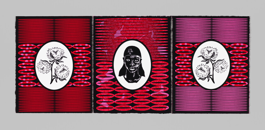 Three panels with red and pink lines; center shows a person’s face, sides show white flowers in ovals.