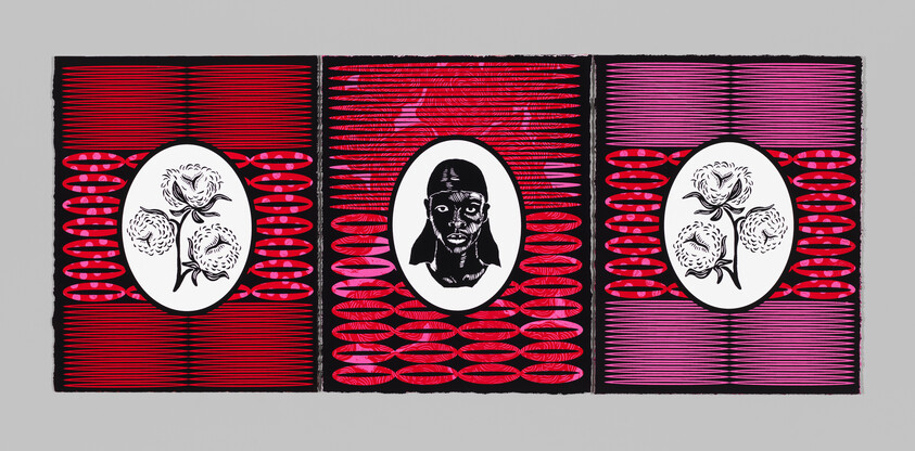 Three-panel artwork with a central black portrait flanked by floral ovals on red and pink patterned backgrounds.