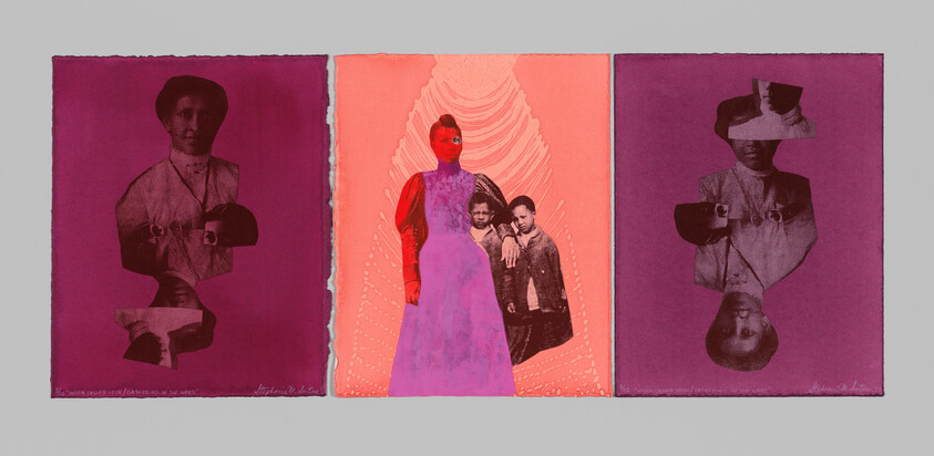 Three panels show vintage portraits of women and children, with the center figure highlighted in pink and orange tones.
