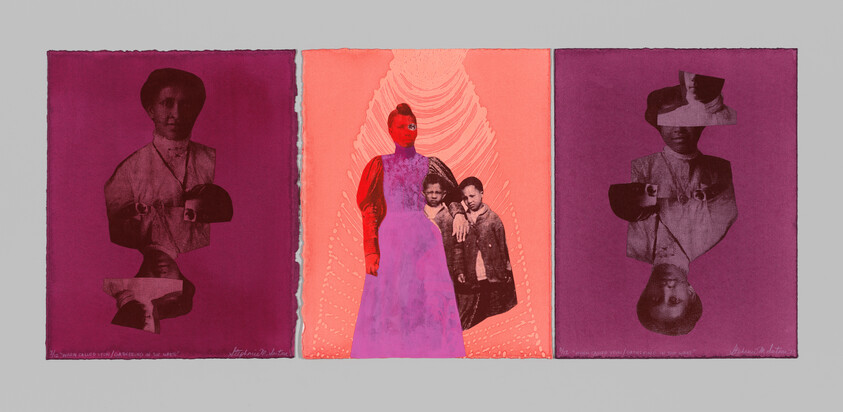 Triptych showing a central pink panel with a standing woman and two children flanked by purple portrait panels.