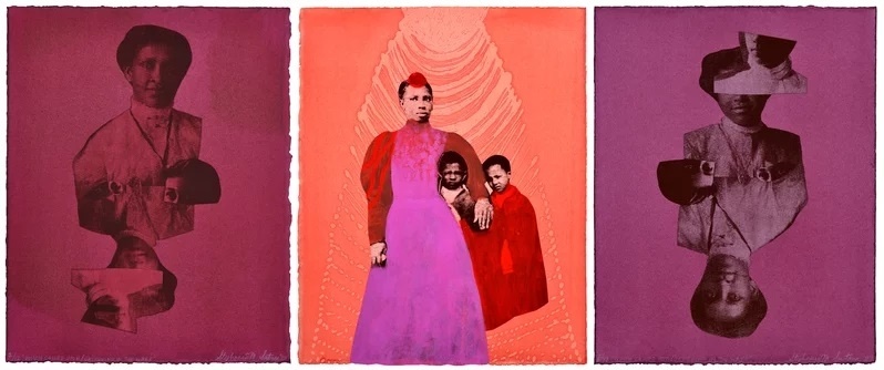 Triptych with central figure in a purple dress and two children, flanked by mirrored portraits on red and purple backgrounds.