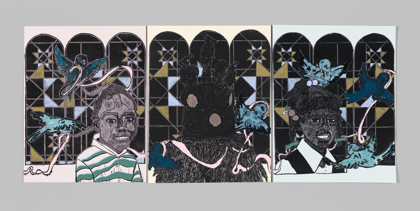 Two children stand on either side of a dark, abstract figure, with blue birds and stained glass windows behind them.