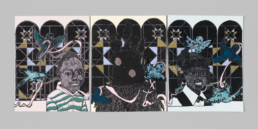 Triptych showing two children and a central dark figure surrounded by flying birds and ribbons.