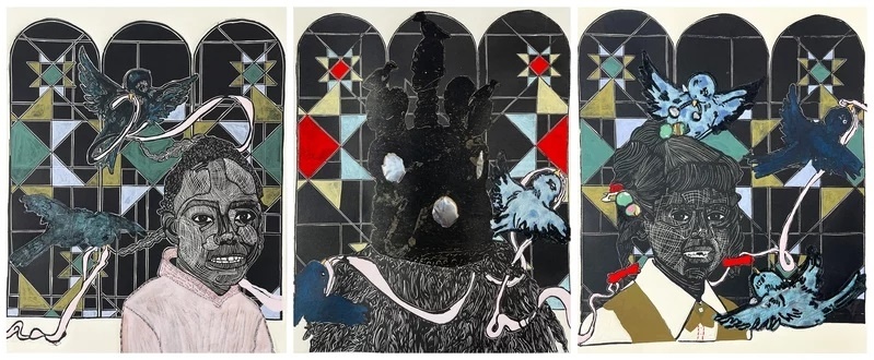 Three-panel artwork featuring abstract figures, birds, and geometric patterns against a stained glass-like background.