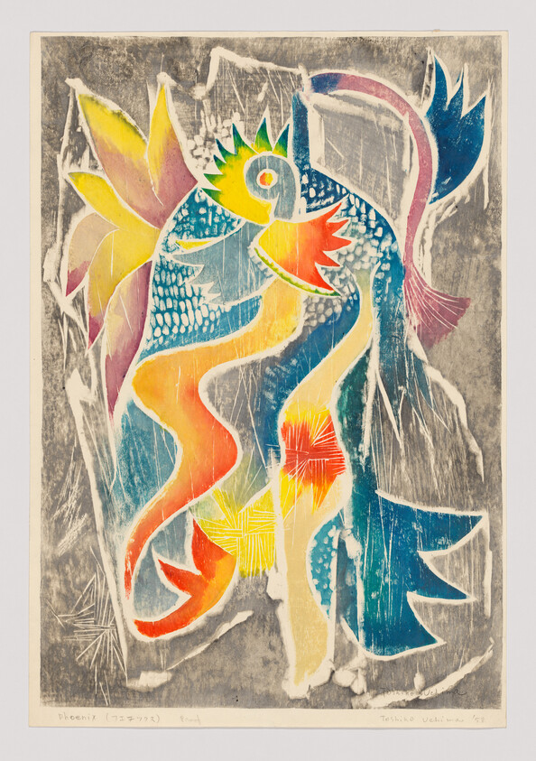 Abstract, colorful bird with a spiky green crest and flowing feathers, set against a textured gray background.