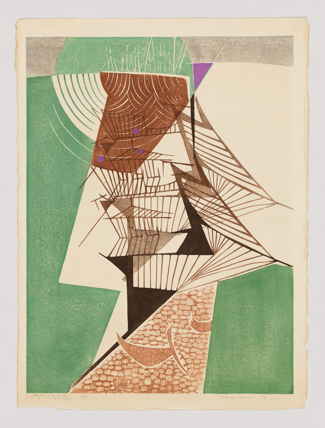 Abstract geometric shapes in brown, green, and black form a stylized face with lines and patterns throughout.