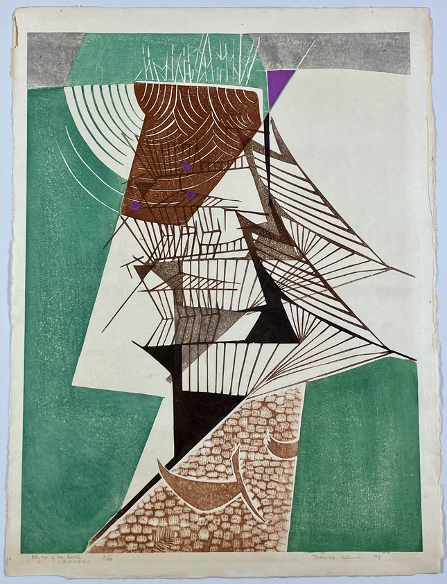 Abstract artwork featuring geometric shapes and lines forming a profile of a face, with green, brown, and purple accents.