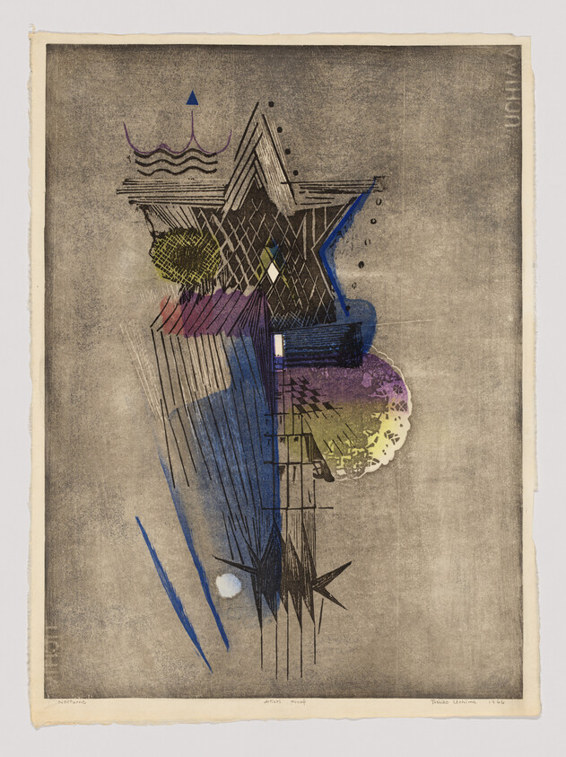 Abstract artwork with a large star shape, colorful geometric patterns, and lines on a textured gray background.