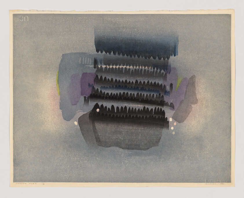Abstract artwork with layered, jagged shapes in dark tones on a textured gray background.