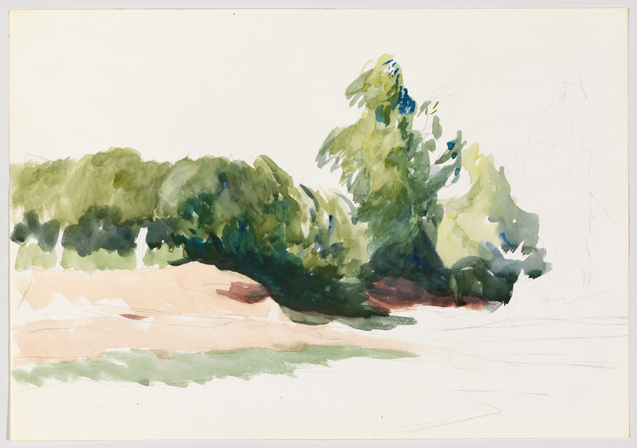 A loose watercolor sketch showing green trees and shrubs along a sandy riverbank.