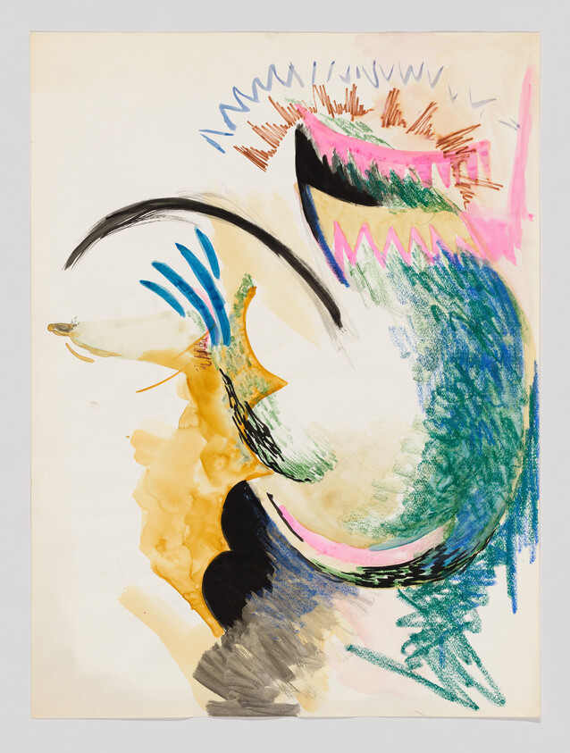 Abstract drawing with curved lines and bright colors, including blue, green, pink, and yellow, on a white background.