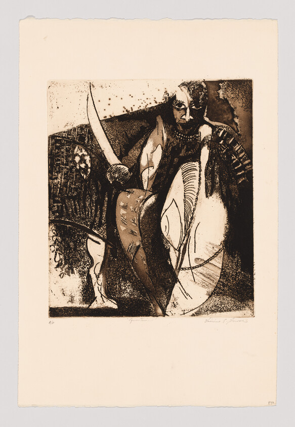 Abstract drawing of a person holding a large curved knife, with bold dark and light shapes around the figure.
