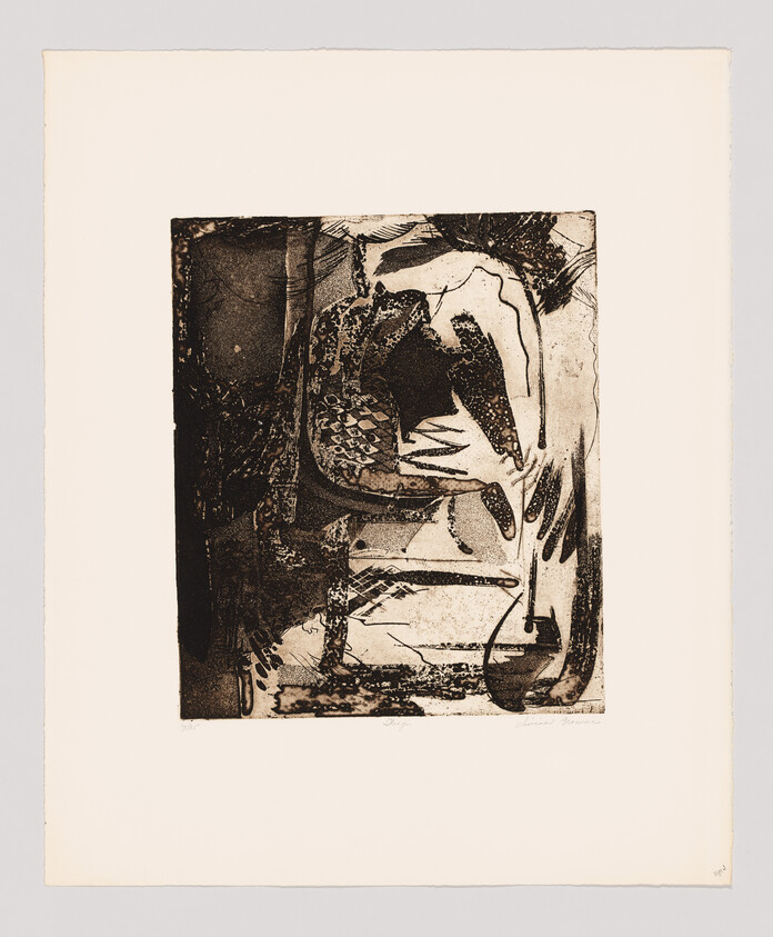 Abstract black and brown shapes and lines overlap, creating a textured, layered composition with no clear subject.