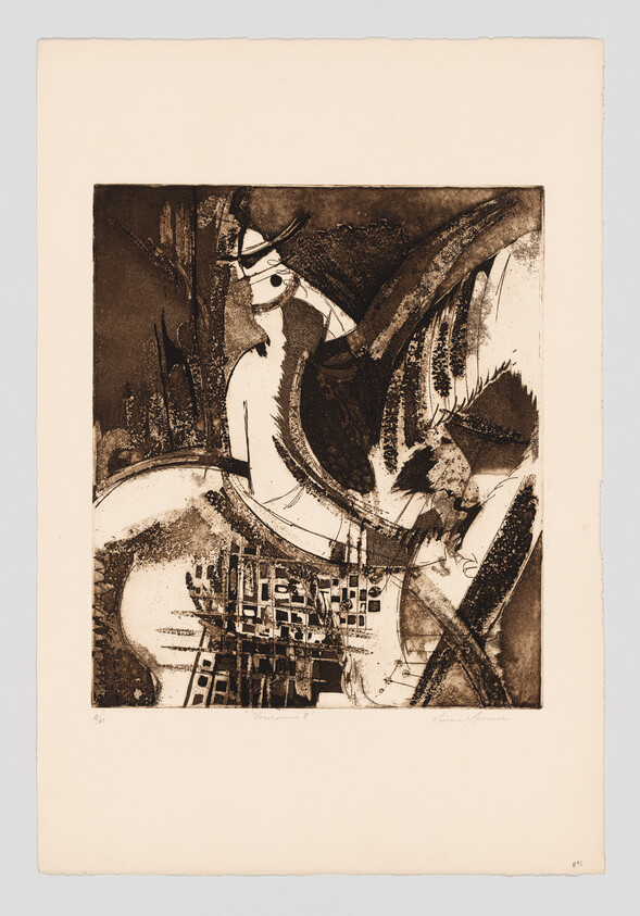 Abstract artwork showing a figure with a hat surrounded by geometric shapes and dark, textured patterns.