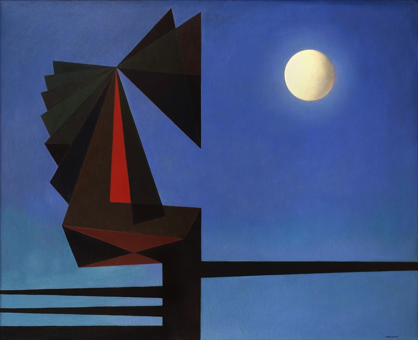 Abstract geometric shapes in dark tones against a blue background, with a bright full moon on the right side.