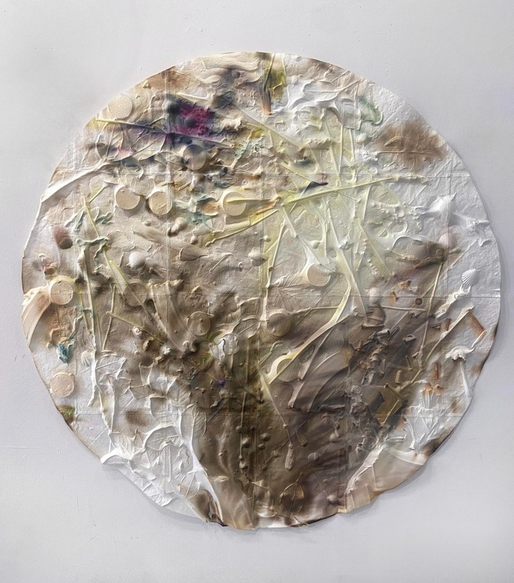 Circular abstract artwork with textured layers, featuring muted earth tones and hints of color, resembling a weathered surface.