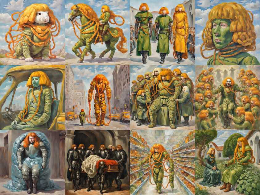 A series of surreal scenes featuring people and animals with orange hair and green clothing in various settings.