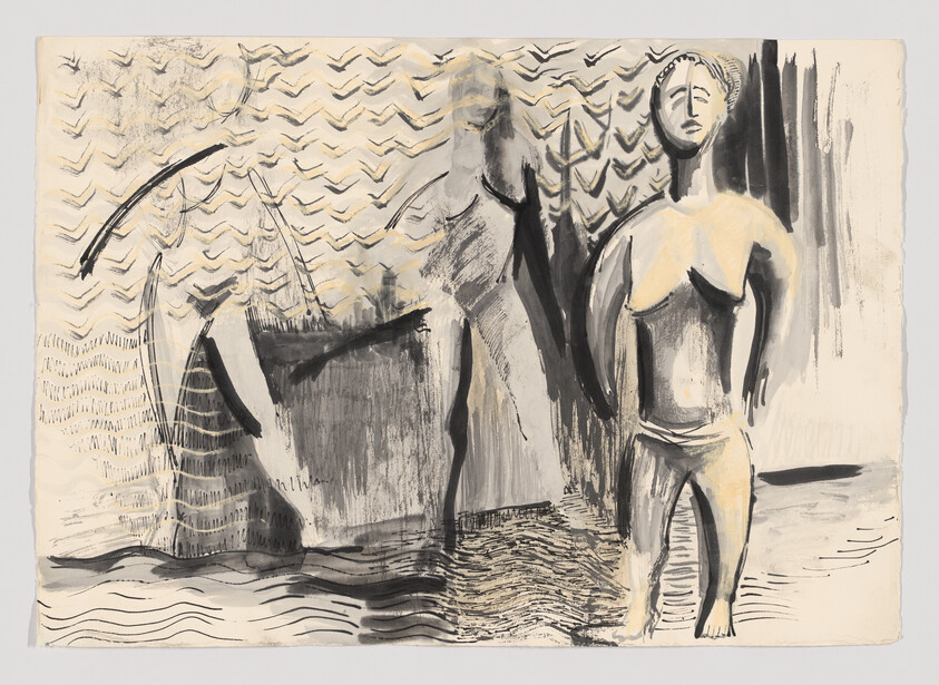Abstract black and white drawing of three human figures, with one standing in the foreground and two in the background.