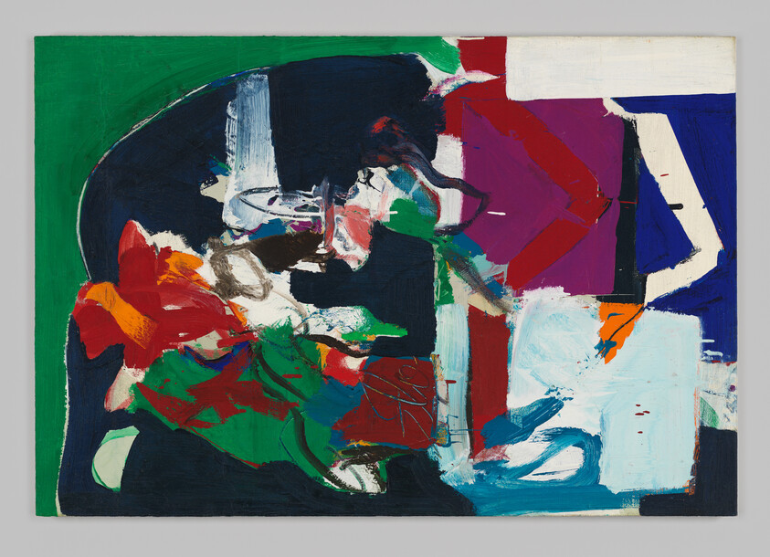 Abstract painting with bold colors: red, green, blue, and black, featuring dynamic shapes and brushstrokes on a textured canvas.