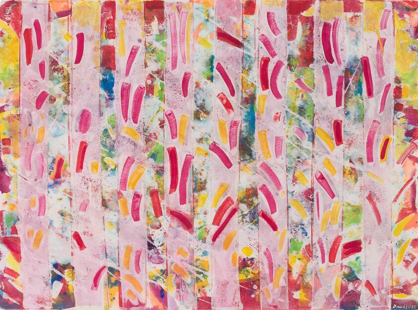 Abstract painting with vertical pink stripes, red and yellow curved brushstrokes, and colorful splashes in the background.