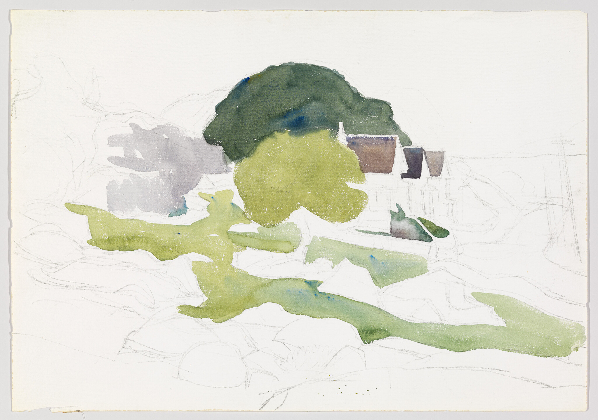 Unfinished watercolor landscape showing large green trees, roofed houses, and light pencil sketch outlines.