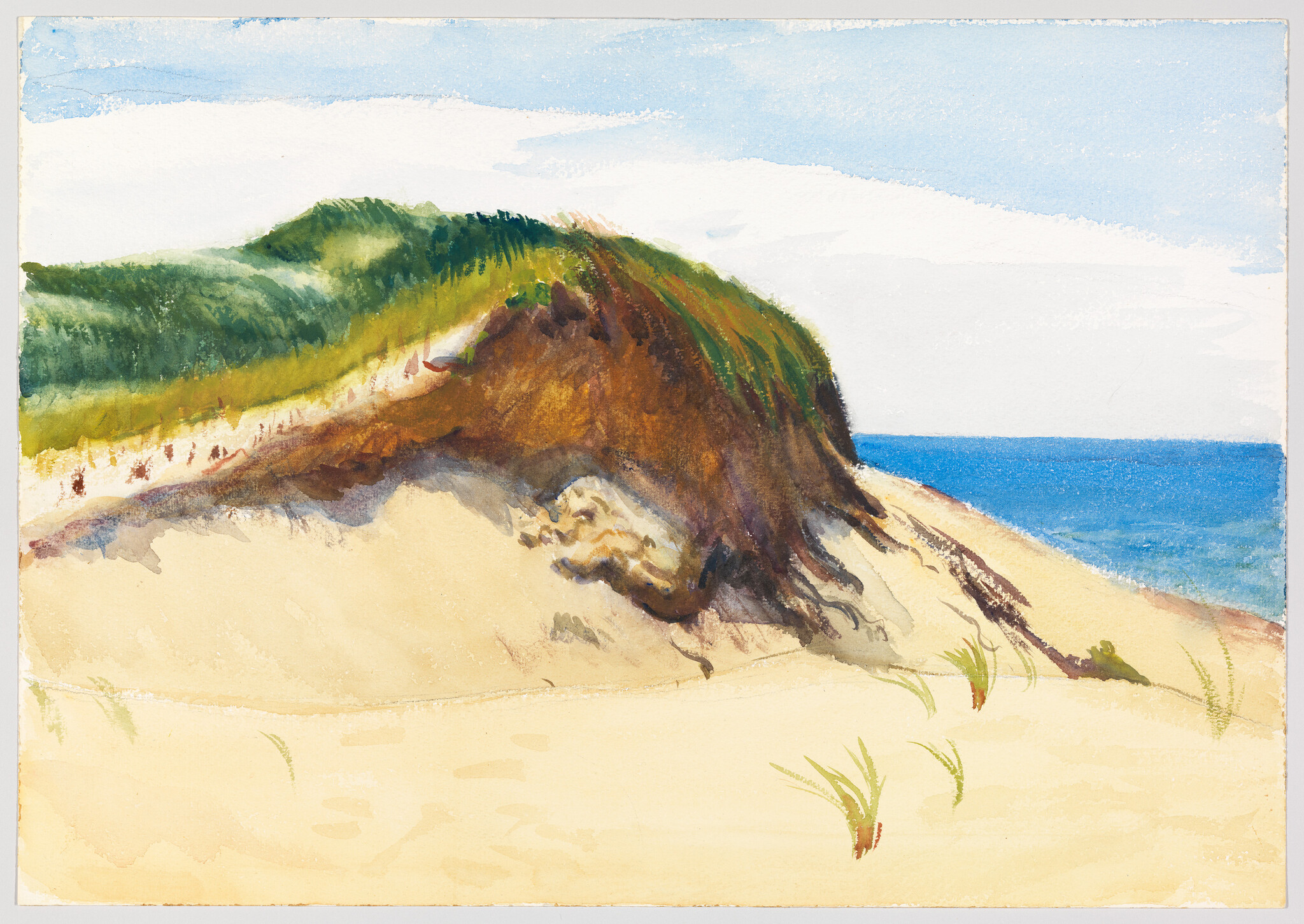 Sandy coastal dunes with grass-covered hill overlooking the blue ocean under a pale sky.