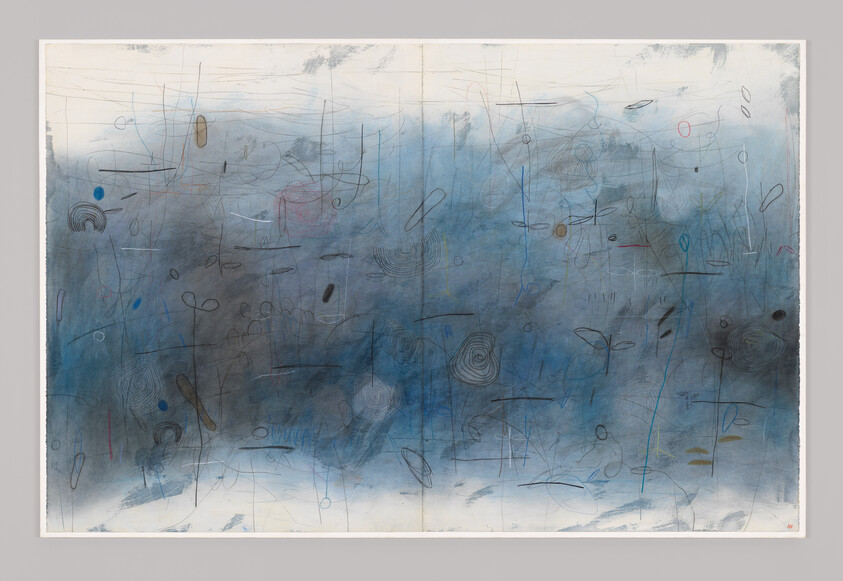 Abstract blue-gray painting with scattered thin black scribbles, loops, and small colored marks.