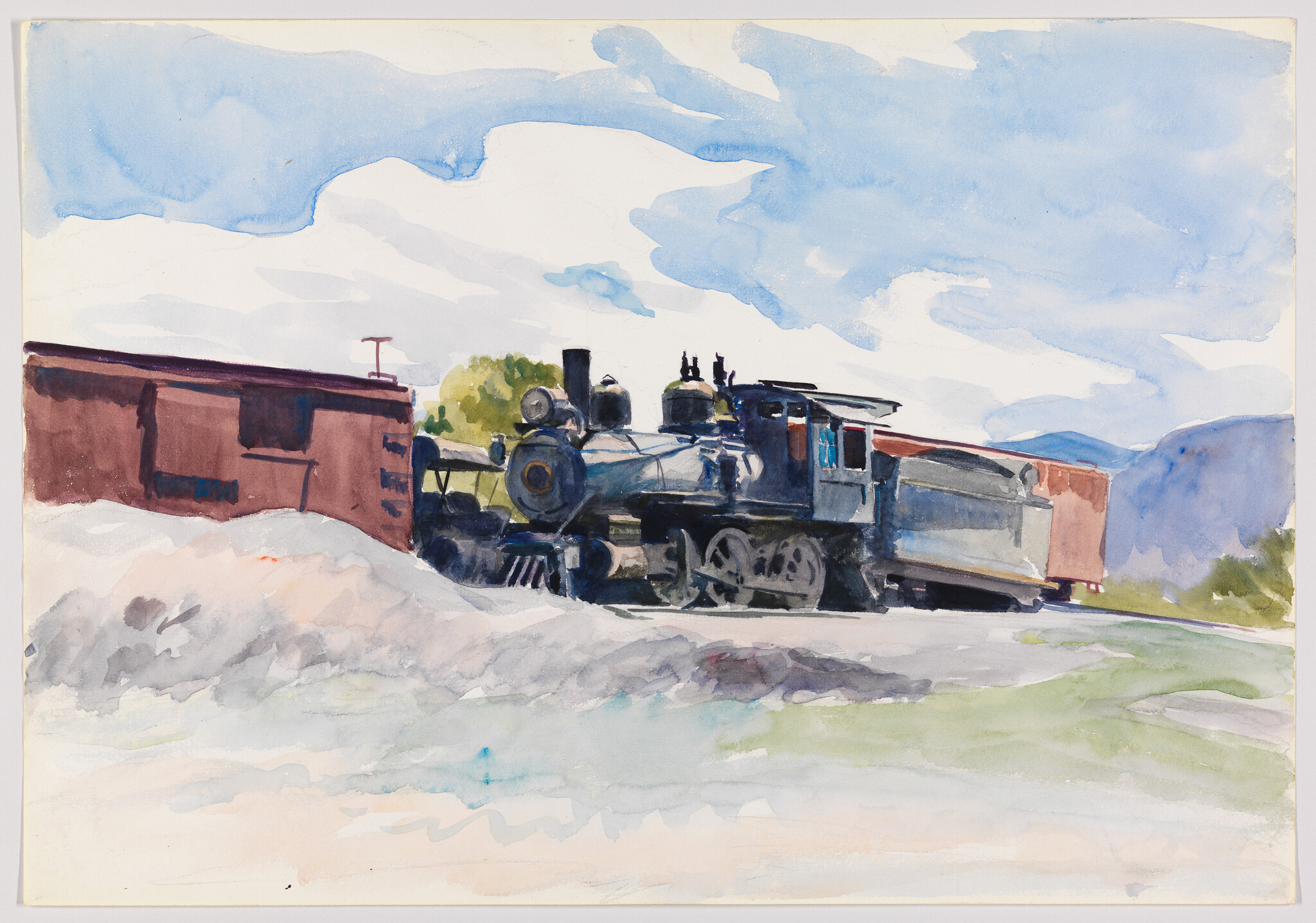 A blue steam locomotive pulls boxcars past snowy ground under a bright, cloudy sky.