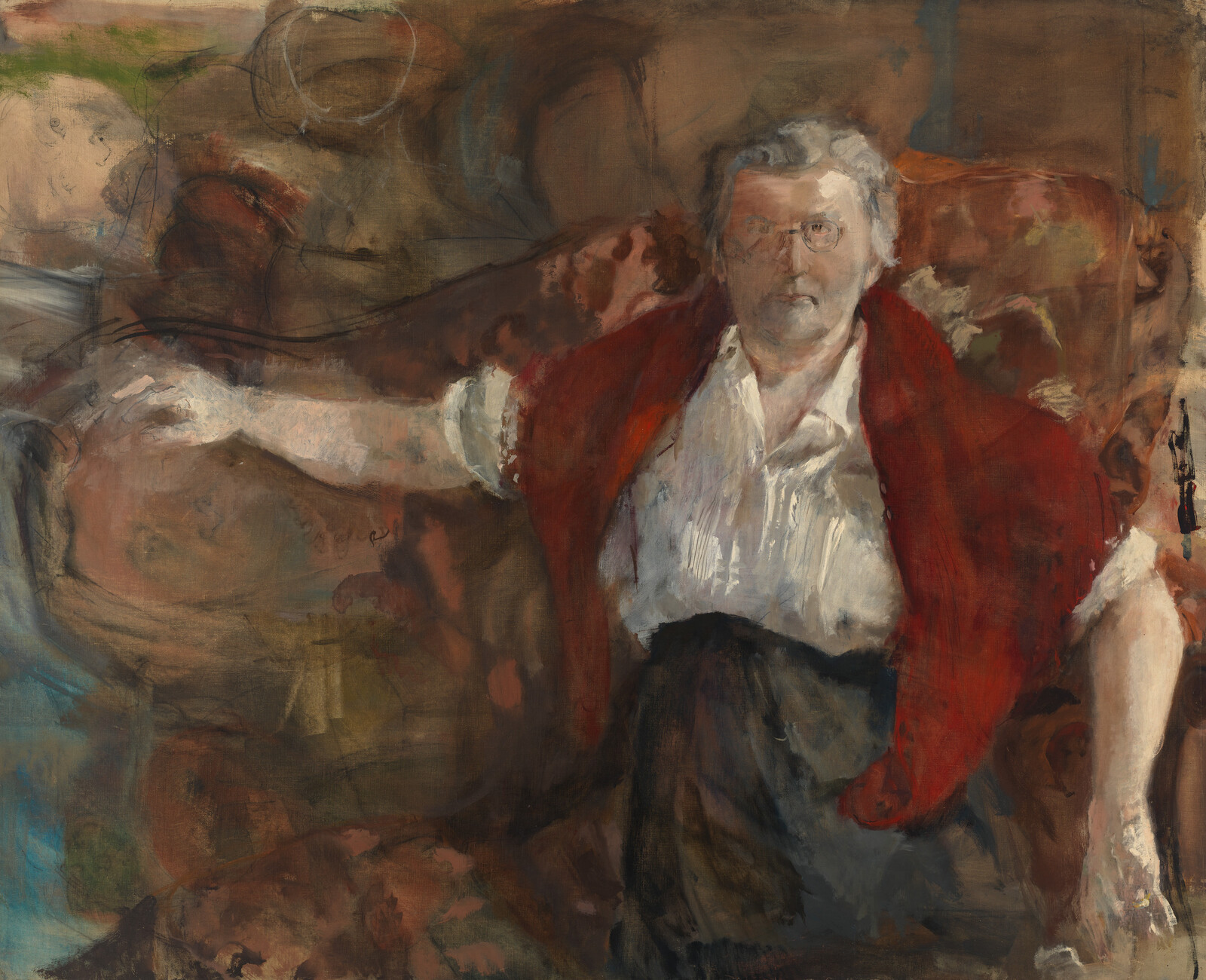 An expressive painting depicting an older individual with gray hair, seated and draped in a vibrant red shawl over a white blouse, against a backdrop of abstract brown and earthy tones. The subject's gaze confronts the viewer directly, and the brushwork is loose and dynamic, suggesting movement and emotion.