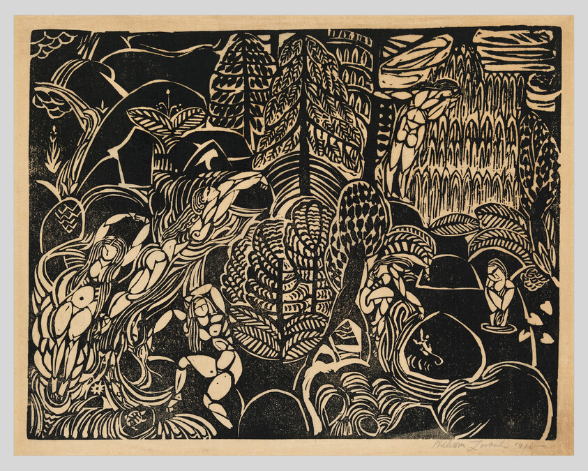 Dense patterned forest with stylized trees, swirling plants, and abstract shapes in a black-and-cream print.