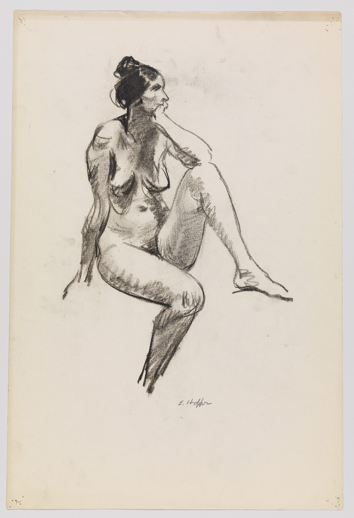 Seated nude woman sketch with one knee raised and her hand resting on her chin.
