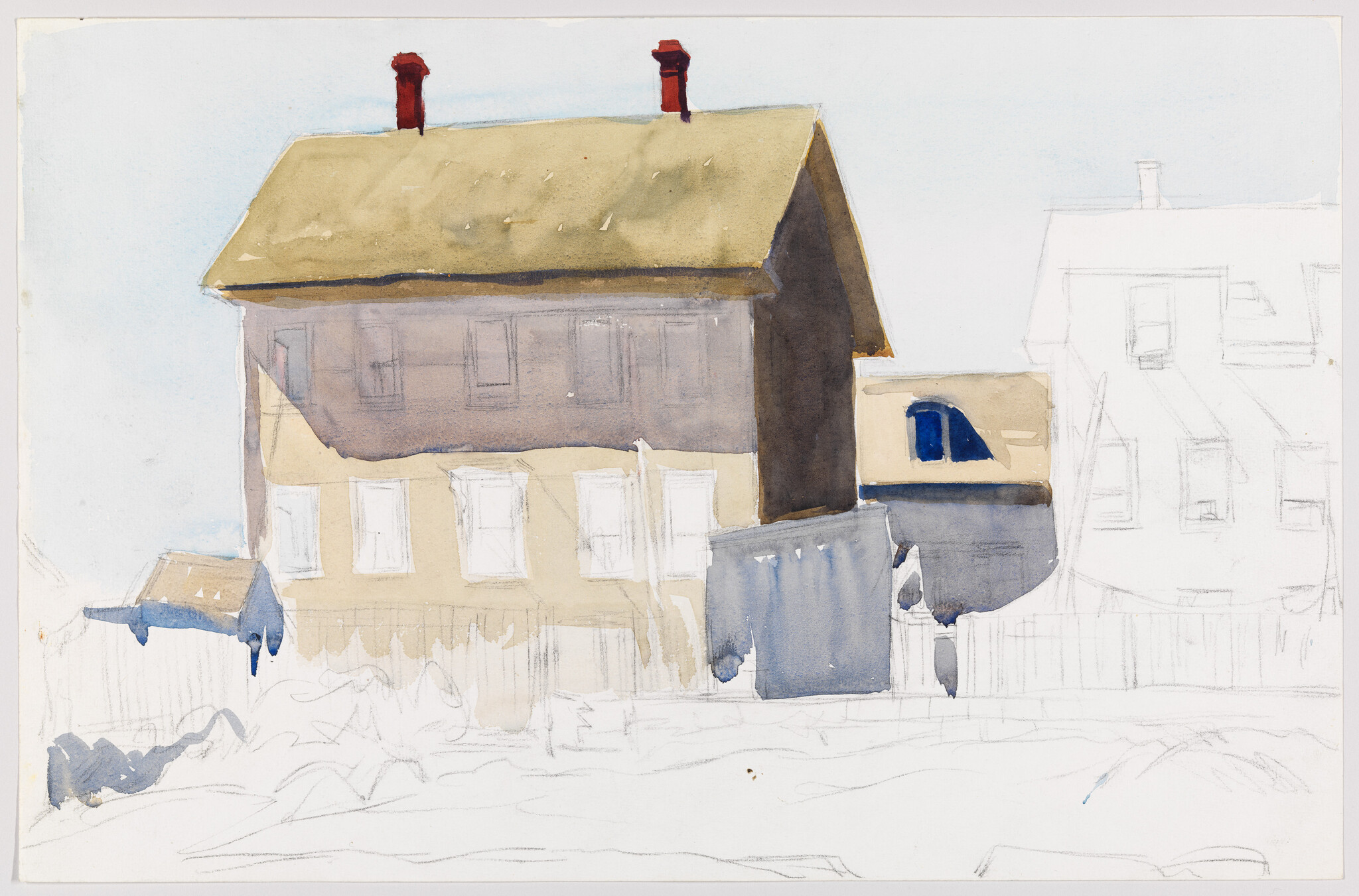 A watercolor of a two-story house with two red chimneys and a fenced yard.