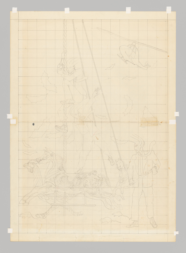 Pencil sketch on grid paper shows a carousel horse, a person climbing a rope, and a helicopter in the sky. Tape secures the paper edges.