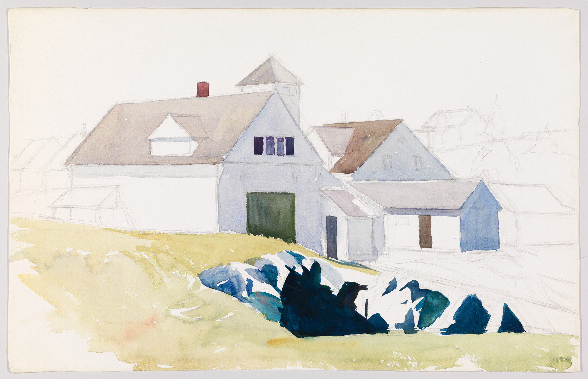 A pale watercolor farmhouse and outbuildings beside a grassy slope with dark blue rocks.