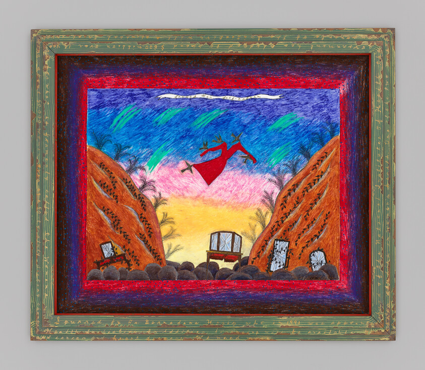 A red-robed figure flies between two canyon walls above wagons and rocky ground.