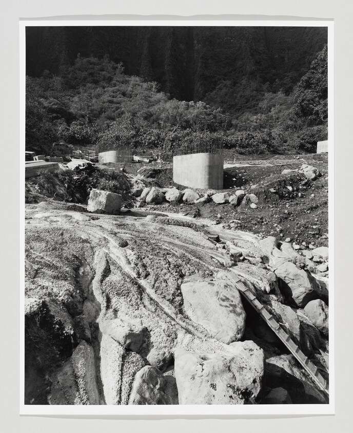 Concrete foundation columns stand on a rocky cleared site near a forested hillside.