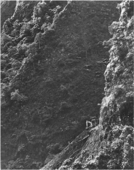 Two people stand on a narrow path along a steep, forested mountainside.
